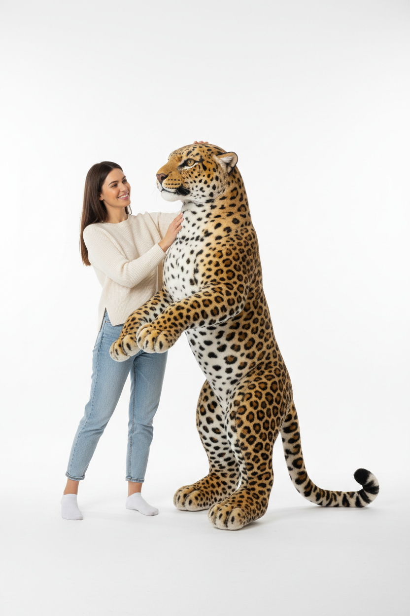 Giant leopard plush toy shown next to an adult for size comparison — largest size is approximately 66.9 inches tall